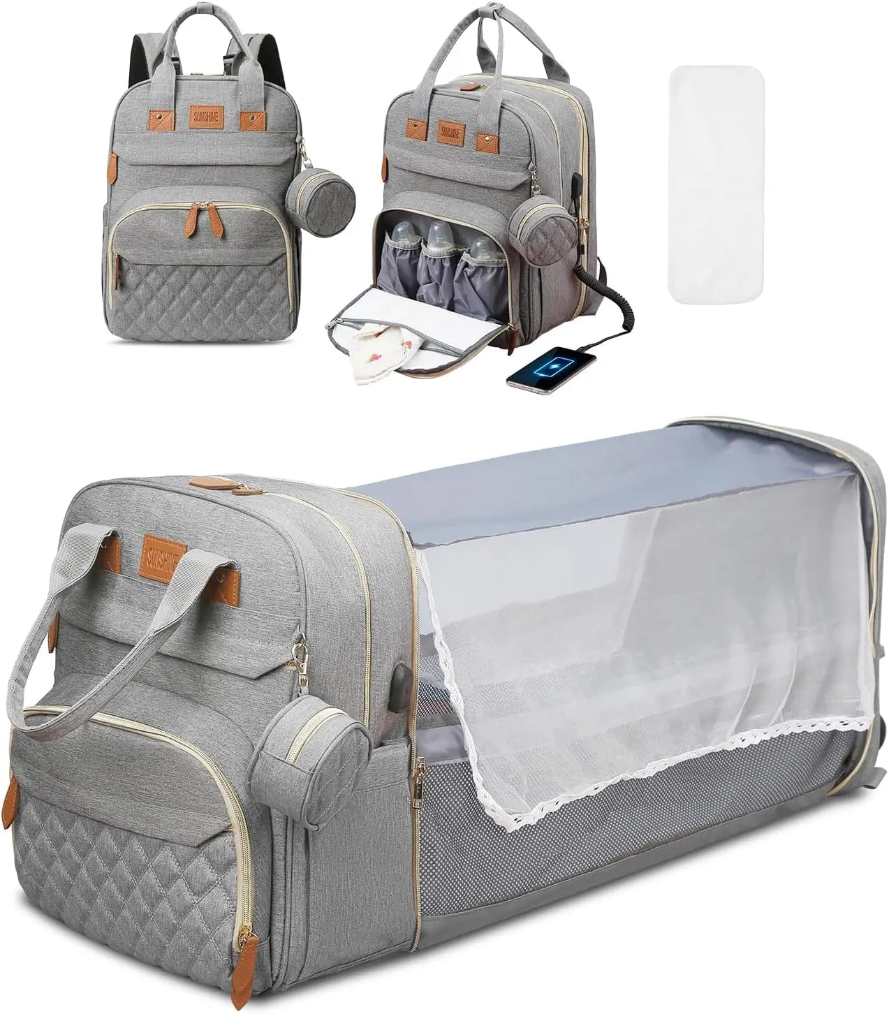3-in-1 Diaper Bag Backpack with Foldable Changing Bed & USB Charging Port