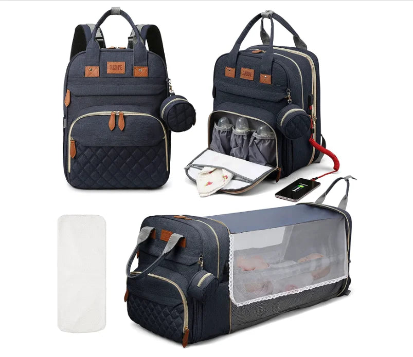 3-in-1 Diaper Bag Backpack with Foldable Changing Bed & USB Charging Port