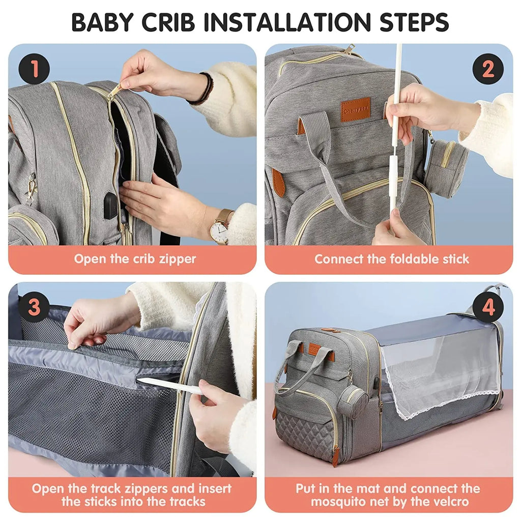 3-in-1 Diaper Bag Backpack with Foldable Changing Bed & USB Charging Port