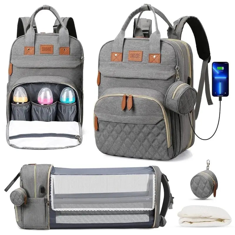 3-in-1 Diaper Bag Backpack with Foldable Changing Bed & USB Charging Port