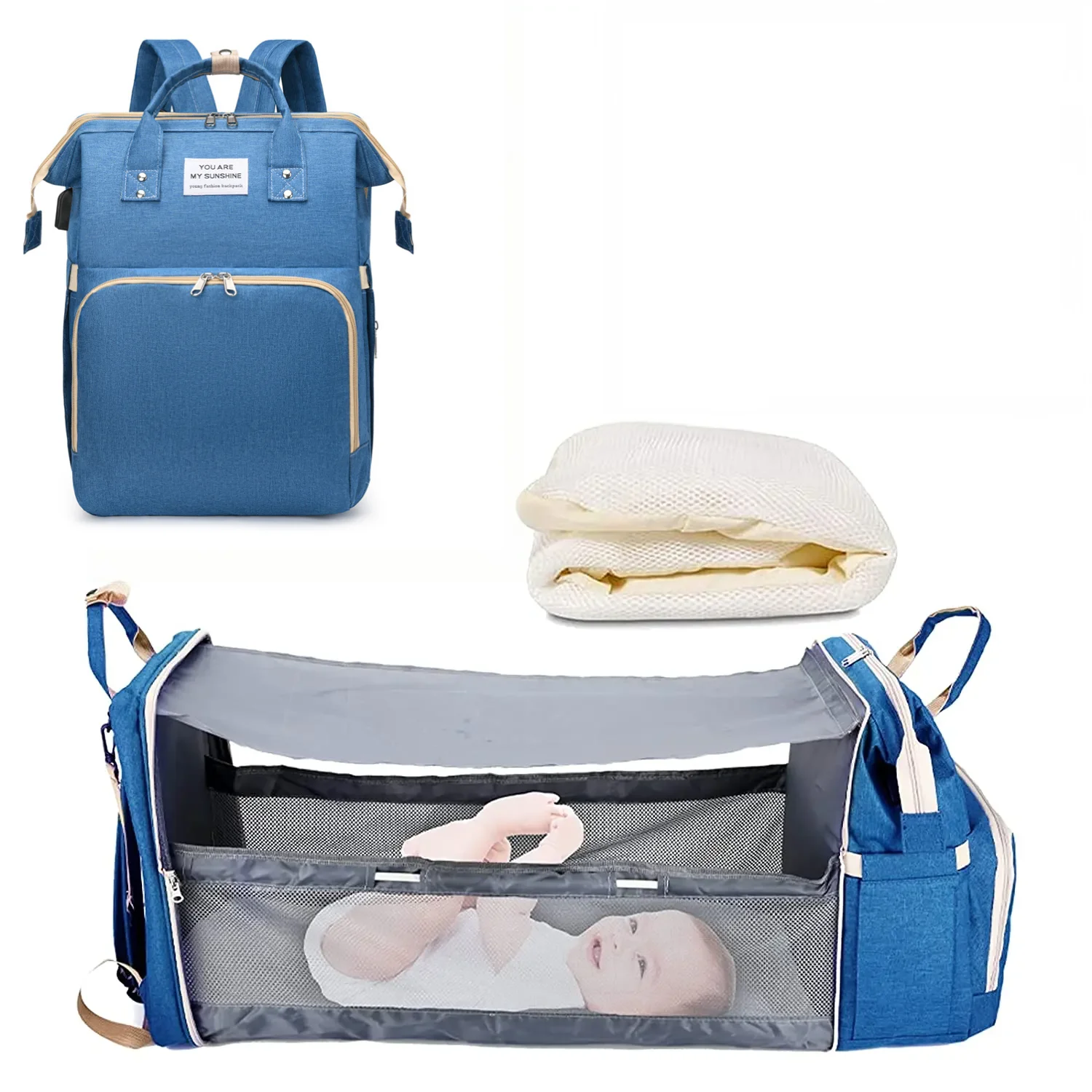 3-in-1 Diaper Bag Backpack with Foldable Changing Bed & USB Charging Port
