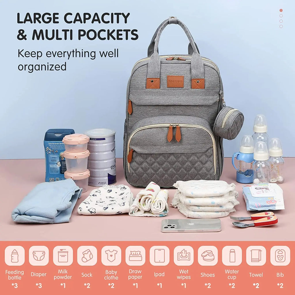 3-in-1 Diaper Bag Backpack with Foldable Changing Bed & USB Charging Port