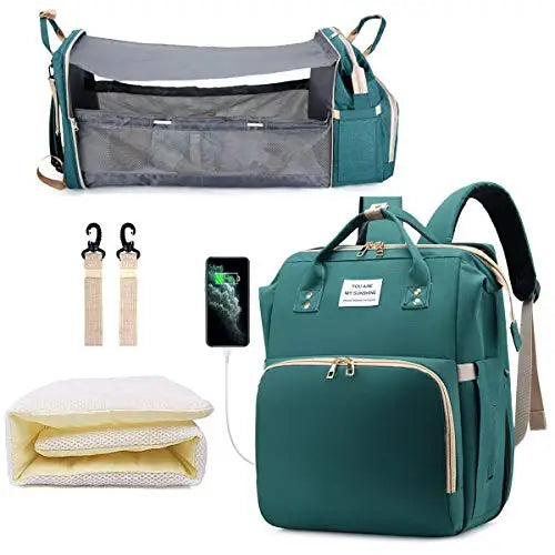 3-in-1 Diaper Bag Backpack with Foldable Changing Bed & USB Charging Port