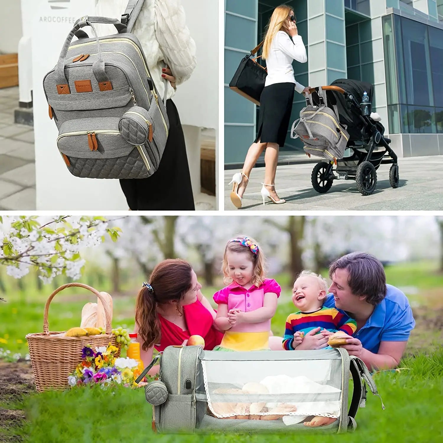 3-in-1 Diaper Bag Backpack with Foldable Changing Bed & USB Charging Port