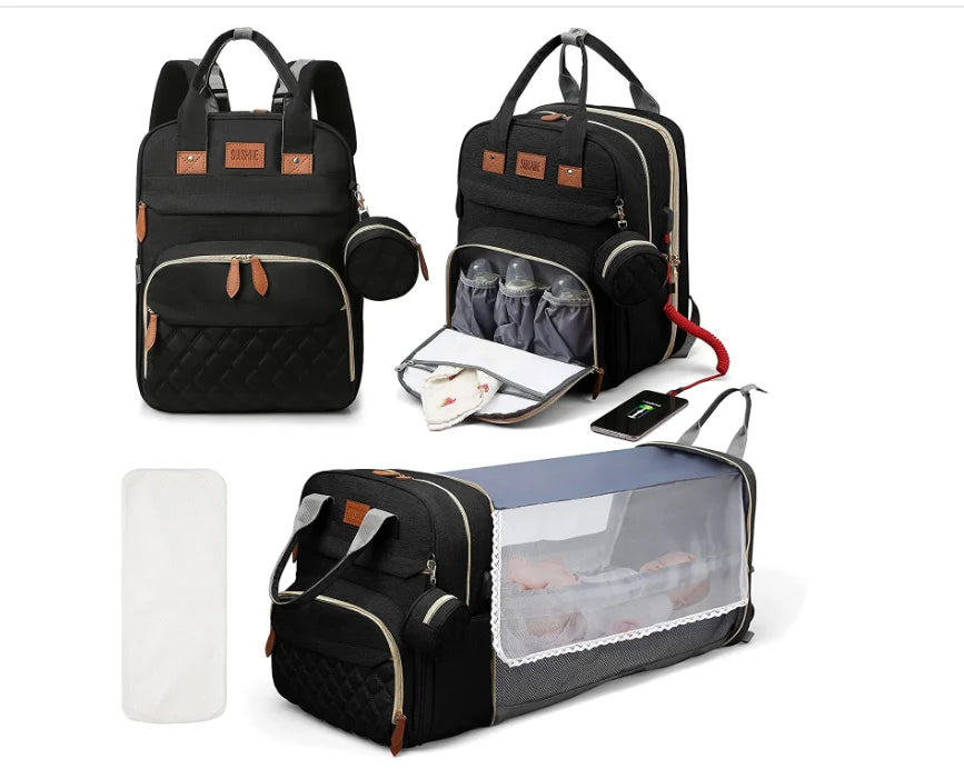3-in-1 Diaper Bag Backpack with Foldable Changing Bed & USB Charging Port