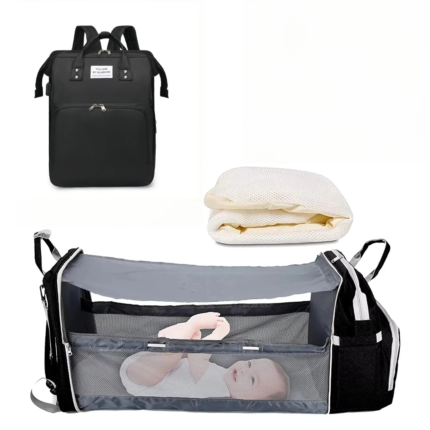 3-in-1 Diaper Bag Backpack with Foldable Changing Bed & USB Charging Port