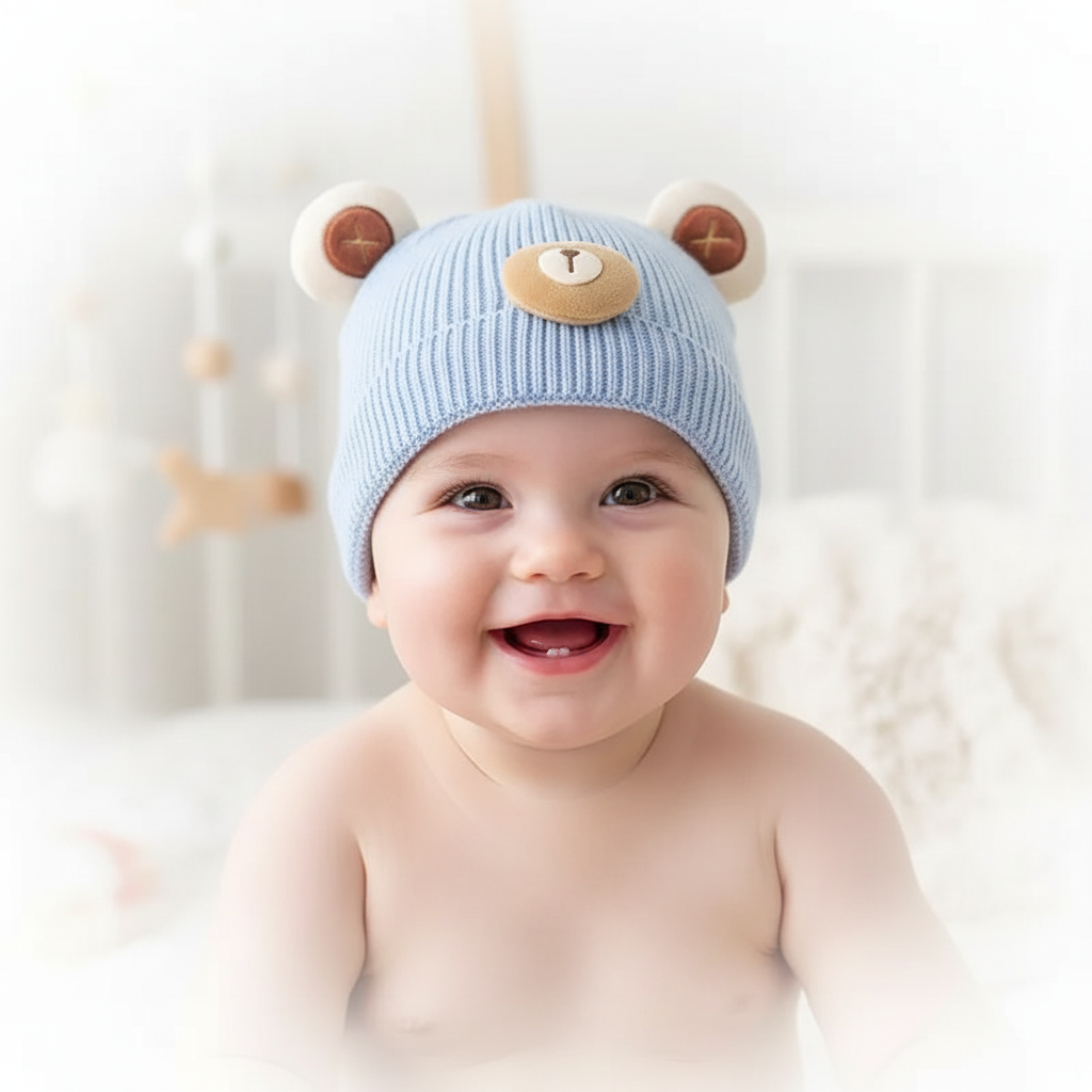 Baby wearing bear ear beanie
