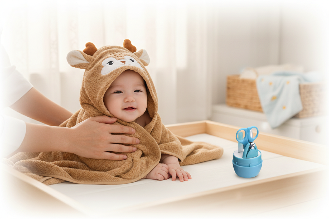 Daily Life section - baby wrapped in towel after bath