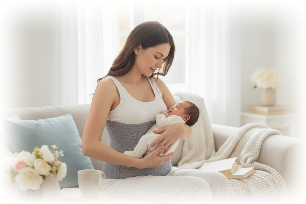 Woman wearing postpartum abdominal binder